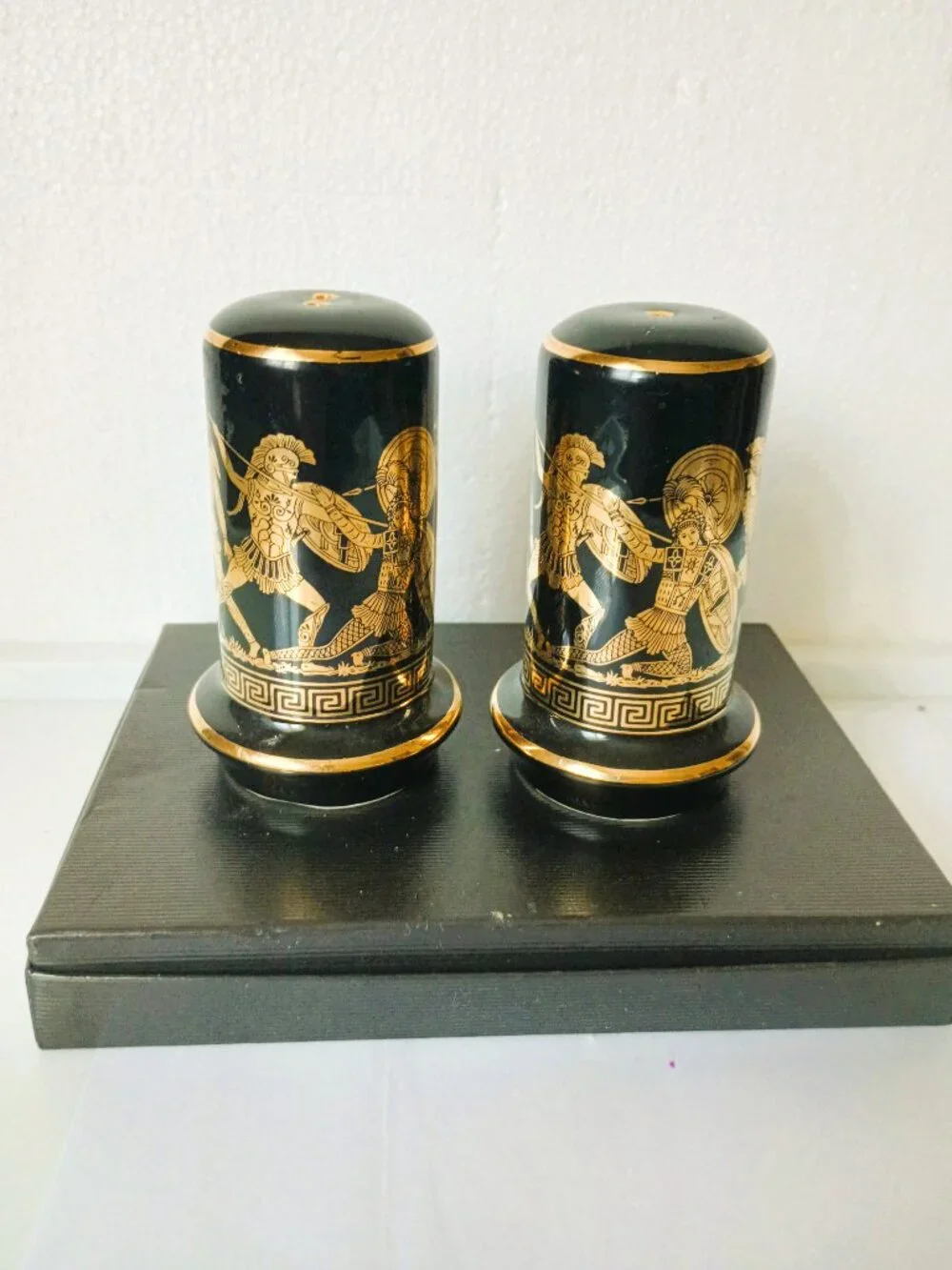 Greek Key Salt & Pepper Shakers Vintage Black with 24K Gold Trim